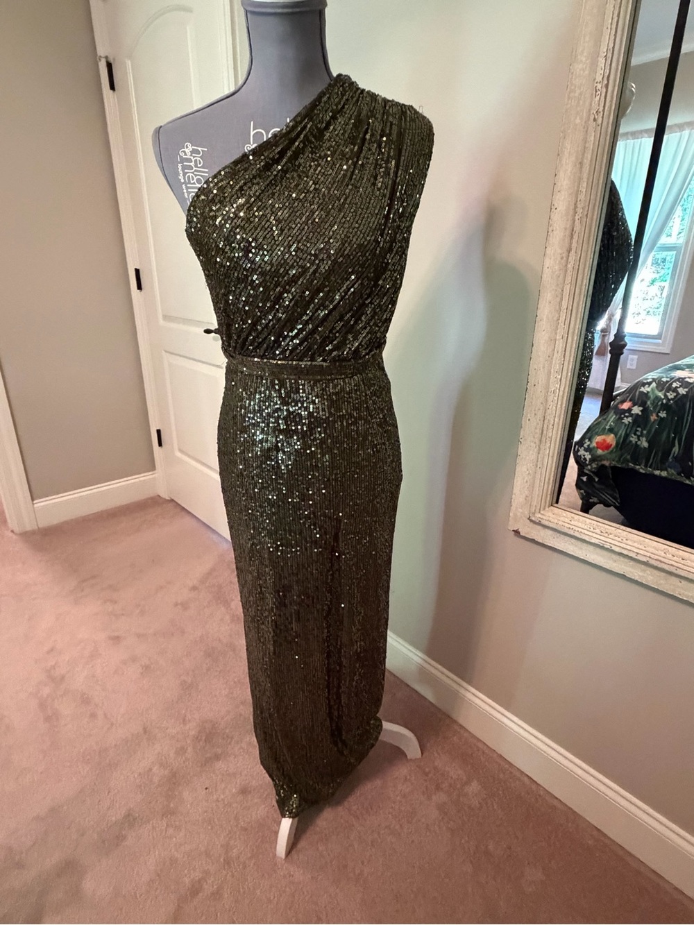 One-Shoulder Sequin Evening Dress in Olive